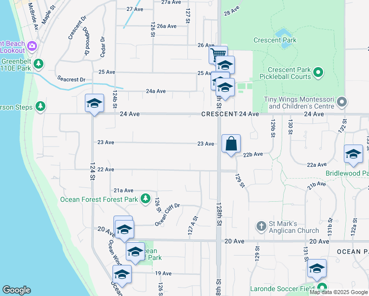 map of restaurants, bars, coffee shops, grocery stores, and more near 12688 23 Avenue in Surrey