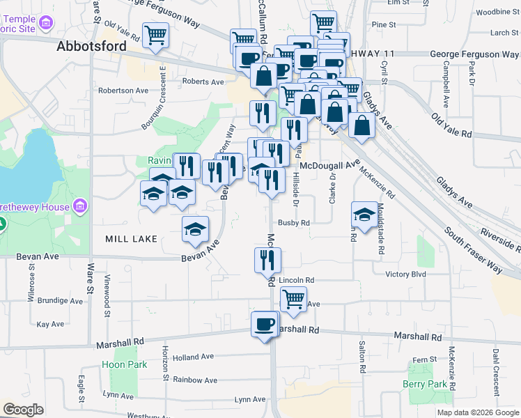 map of restaurants, bars, coffee shops, grocery stores, and more near 2309 McCallum Road in Abbotsford