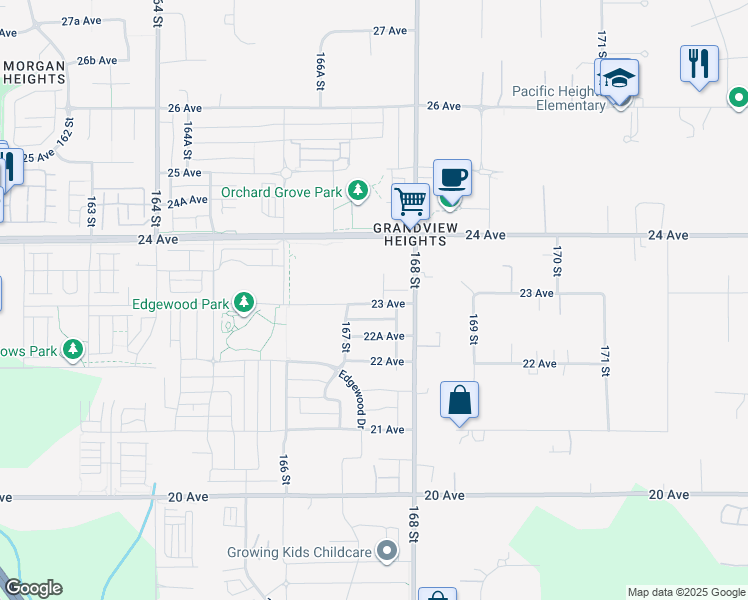 map of restaurants, bars, coffee shops, grocery stores, and more near 16739 23 Avenue in Surrey