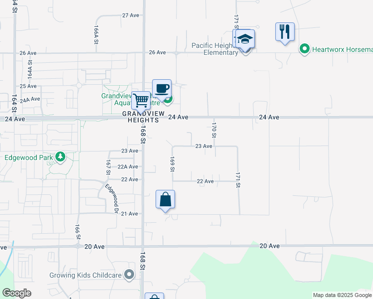 map of restaurants, bars, coffee shops, grocery stores, and more near 16930 23 Avenue in Surrey