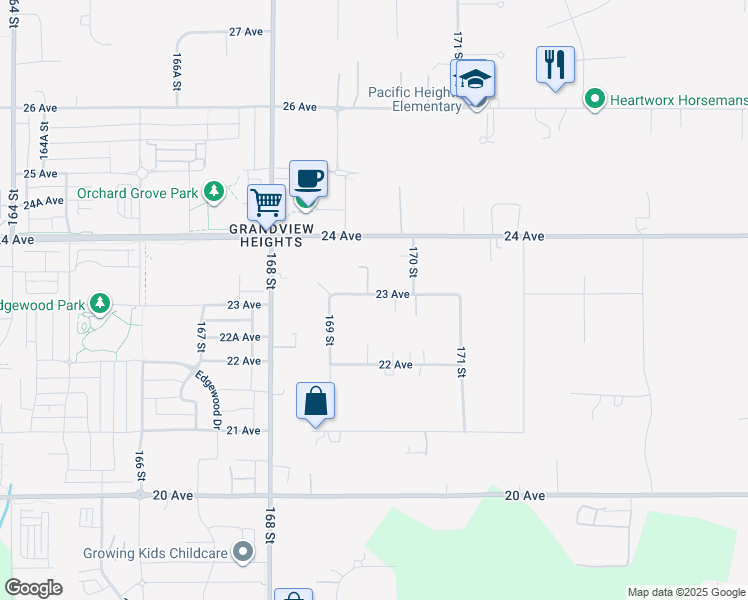 map of restaurants, bars, coffee shops, grocery stores, and more near 16950 23 Avenue in Surrey