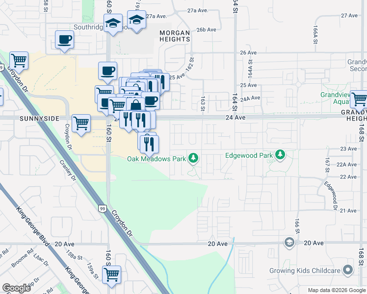 map of restaurants, bars, coffee shops, grocery stores, and more near in Surrey