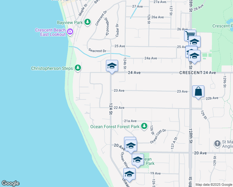map of restaurants, bars, coffee shops, grocery stores, and more near 12450 23 Avenue in Surrey