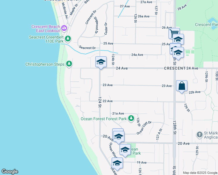 map of restaurants, bars, coffee shops, grocery stores, and more near 12450 23 Avenue in Surrey