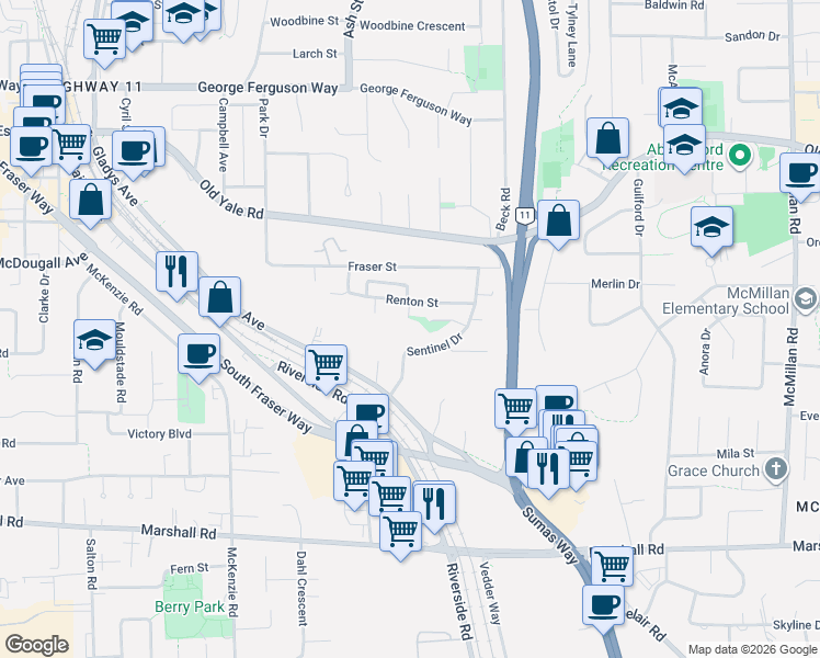 map of restaurants, bars, coffee shops, grocery stores, and more near 2312 Hampshire Place in Abbotsford