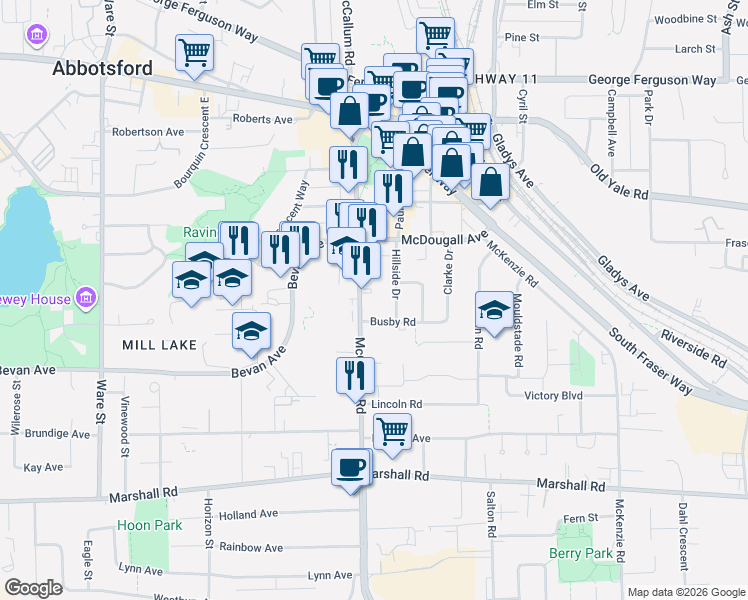 map of restaurants, bars, coffee shops, grocery stores, and more near 2306 McCallum Road in Abbotsford