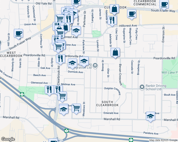 map of restaurants, bars, coffee shops, grocery stores, and more near 2307 Bakerview Street in Abbotsford