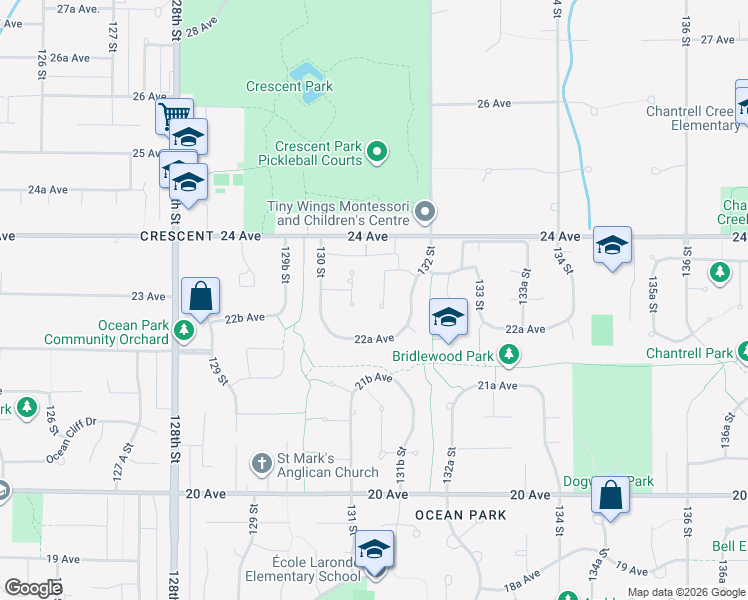 map of restaurants, bars, coffee shops, grocery stores, and more near 2289 131A Street in Surrey