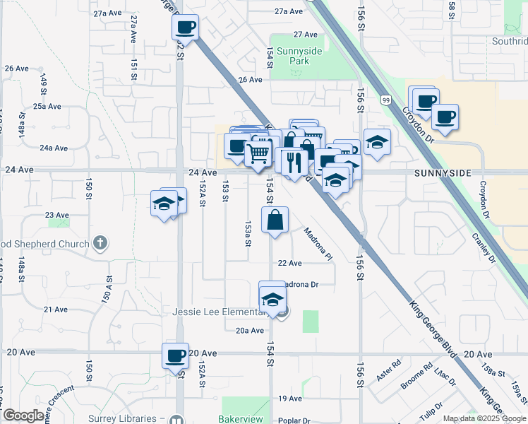 map of restaurants, bars, coffee shops, grocery stores, and more near 2309 154 Street in Surrey