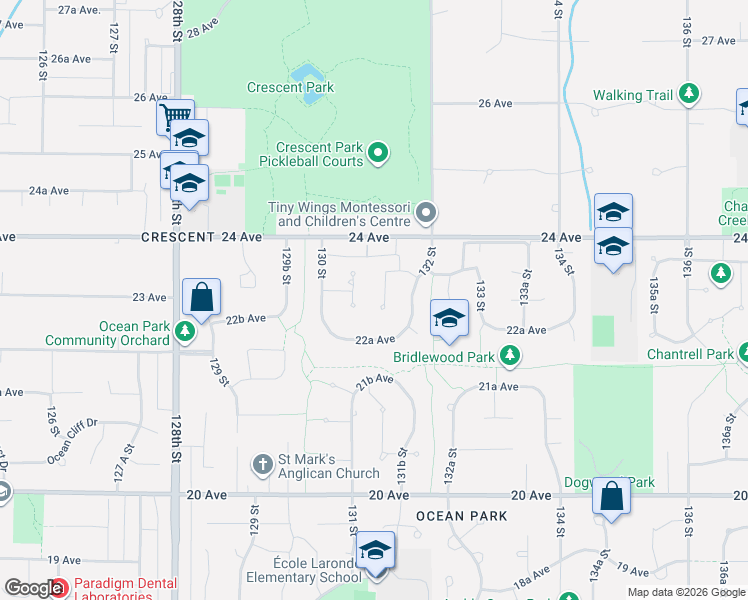 map of restaurants, bars, coffee shops, grocery stores, and more near 2289 131A Street in Surrey