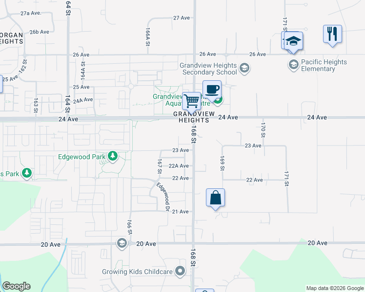map of restaurants, bars, coffee shops, grocery stores, and more near 2328 167A Street in Surrey