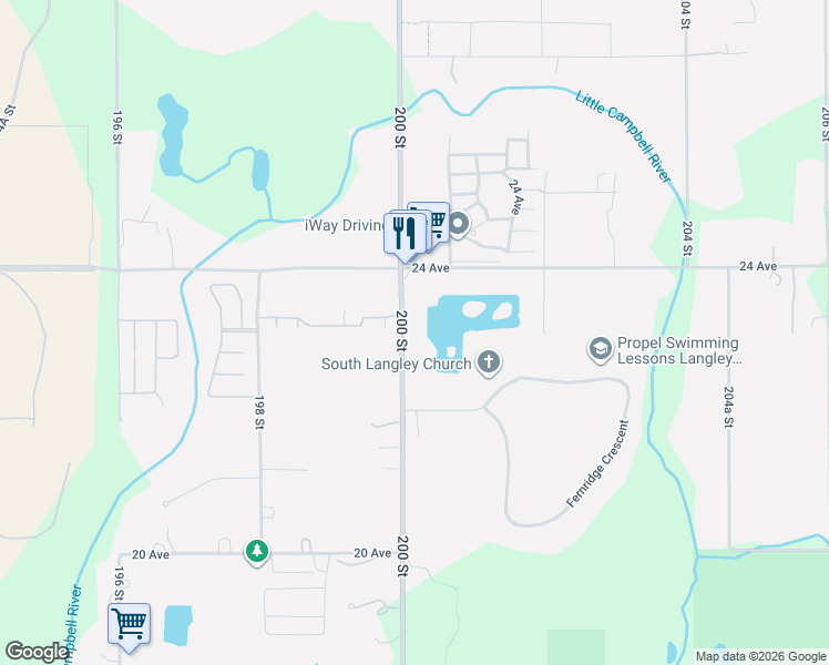 map of restaurants, bars, coffee shops, grocery stores, and more near 2306 200 Street in Langley Township