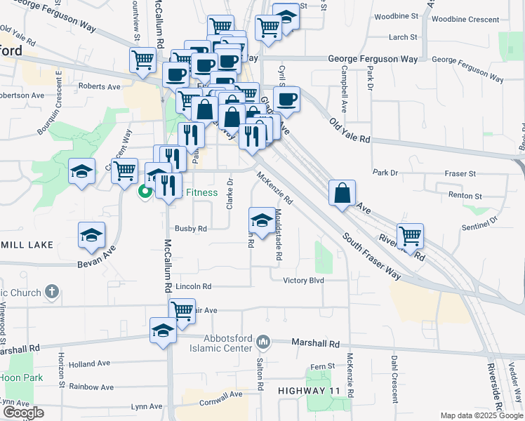 map of restaurants, bars, coffee shops, grocery stores, and more near 2306 Alexander Crescent in Abbotsford