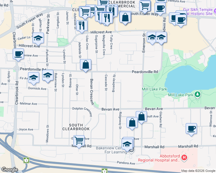map of restaurants, bars, coffee shops, grocery stores, and more near 2320 Cascade Street in Abbotsford