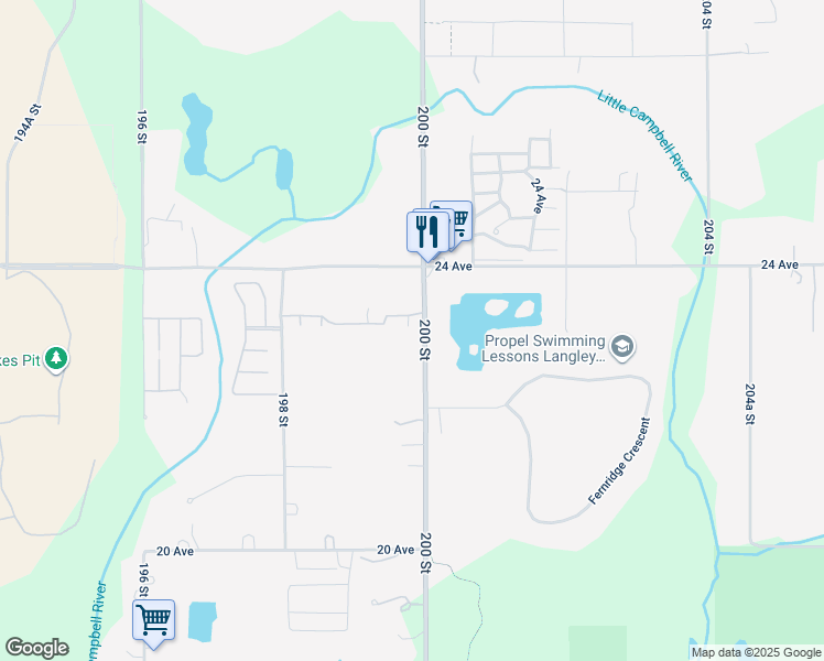 map of restaurants, bars, coffee shops, grocery stores, and more near 2285 200 Street in Langley Township