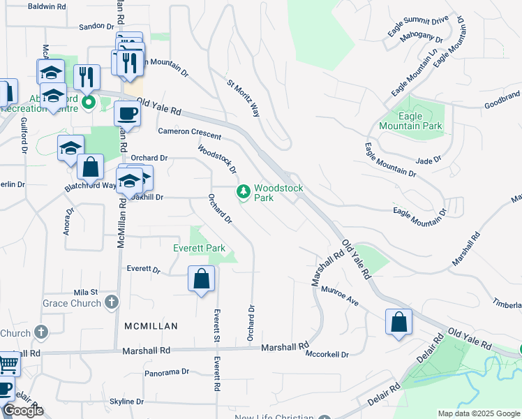 map of restaurants, bars, coffee shops, grocery stores, and more near 2335 Harper Drive in Abbotsford