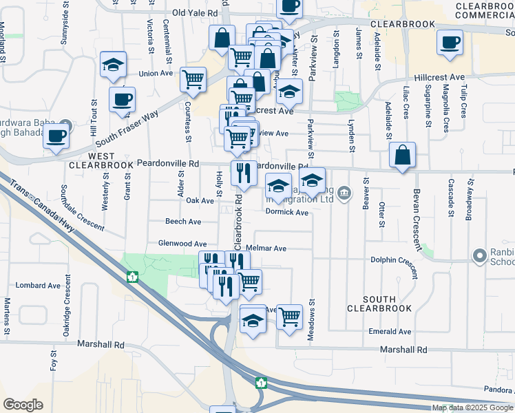 map of restaurants, bars, coffee shops, grocery stores, and more near 2311 Hemlock Street in Abbotsford