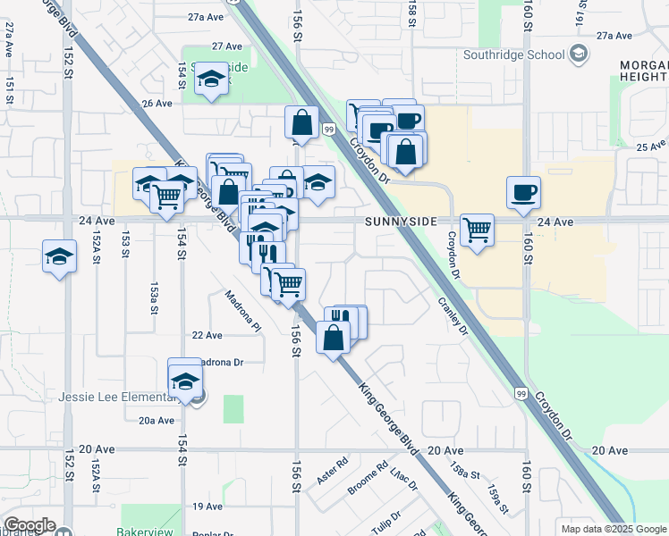 map of restaurants, bars, coffee shops, grocery stores, and more near 2345 Cranley Drive in Surrey