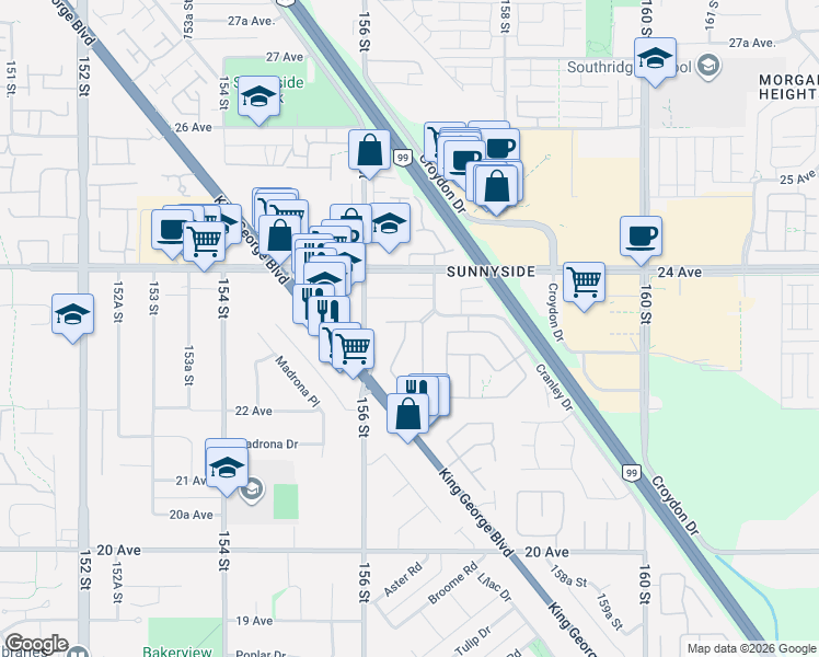 map of restaurants, bars, coffee shops, grocery stores, and more near 2345 Cranley Drive in Surrey