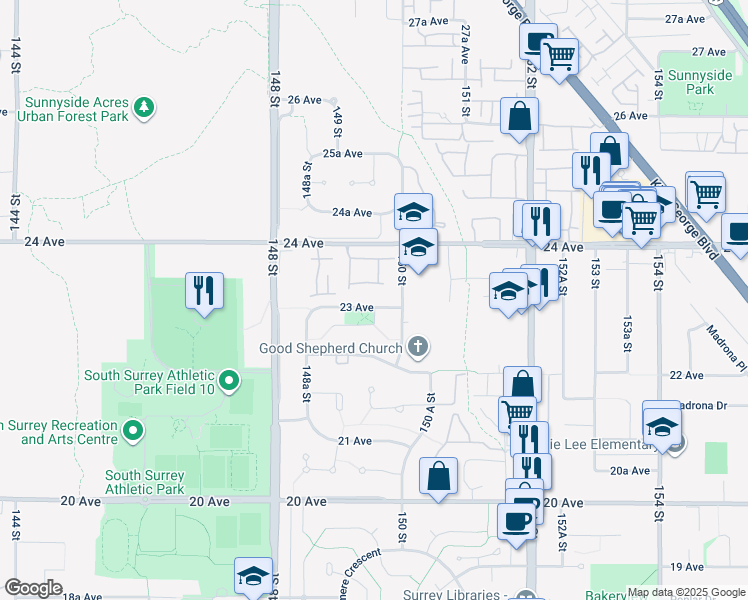 map of restaurants, bars, coffee shops, grocery stores, and more near 14963 23 Avenue in Surrey