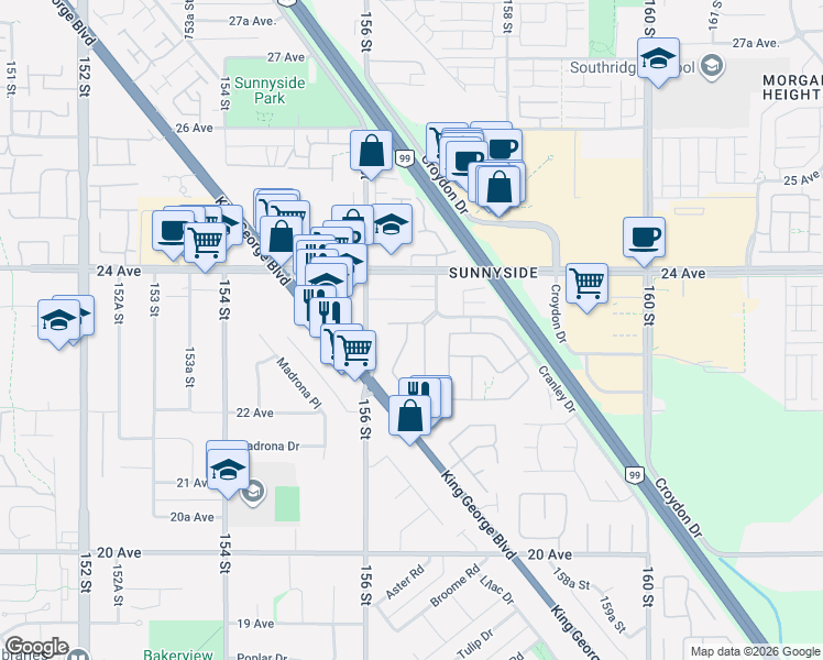 map of restaurants, bars, coffee shops, grocery stores, and more near 2345 Cranley Drive in Surrey