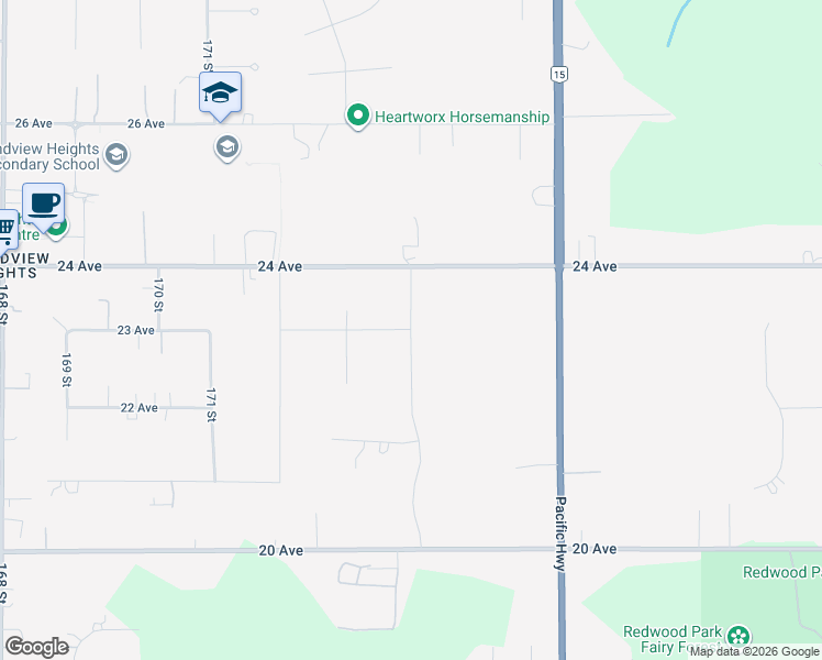 map of restaurants, bars, coffee shops, grocery stores, and more near 174 Street in Surrey