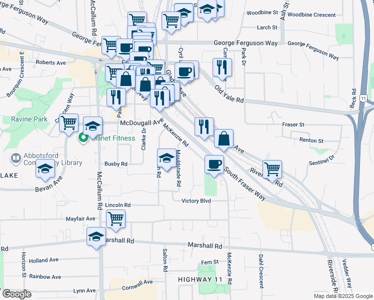 map of restaurants, bars, coffee shops, grocery stores, and more near 2321 McKenzie Road in Abbotsford