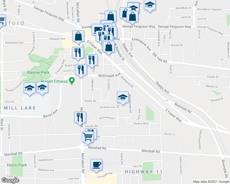 map of restaurants, bars, coffee shops, grocery stores, and more near 2323 Lobban Road in Abbotsford