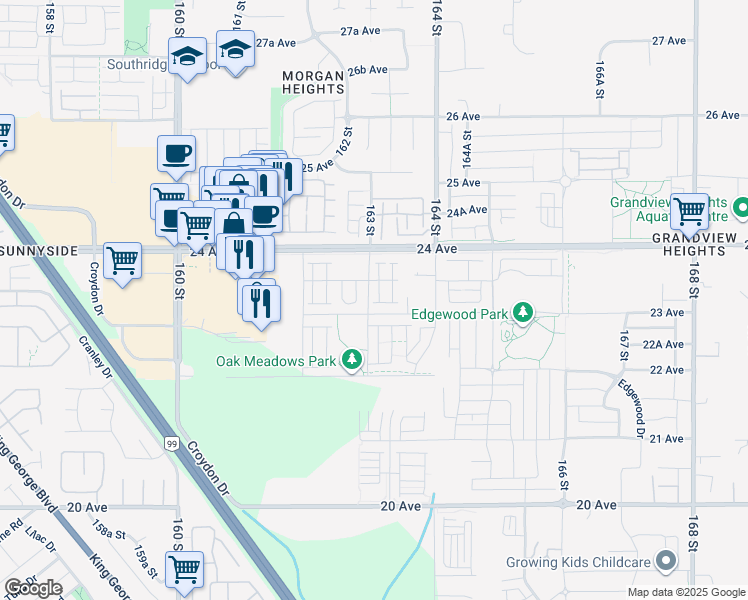 map of restaurants, bars, coffee shops, grocery stores, and more near 16336 23 A Avenue in Surrey