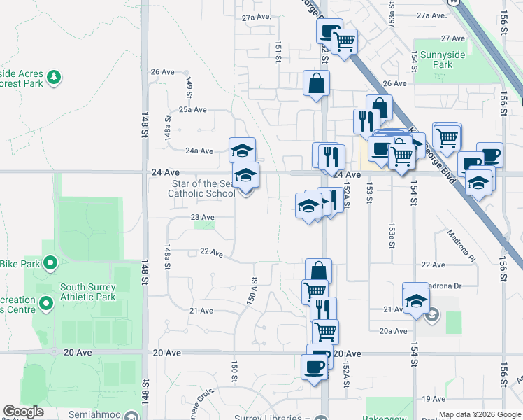 map of restaurants, bars, coffee shops, grocery stores, and more near 2333 150B Street in Surrey