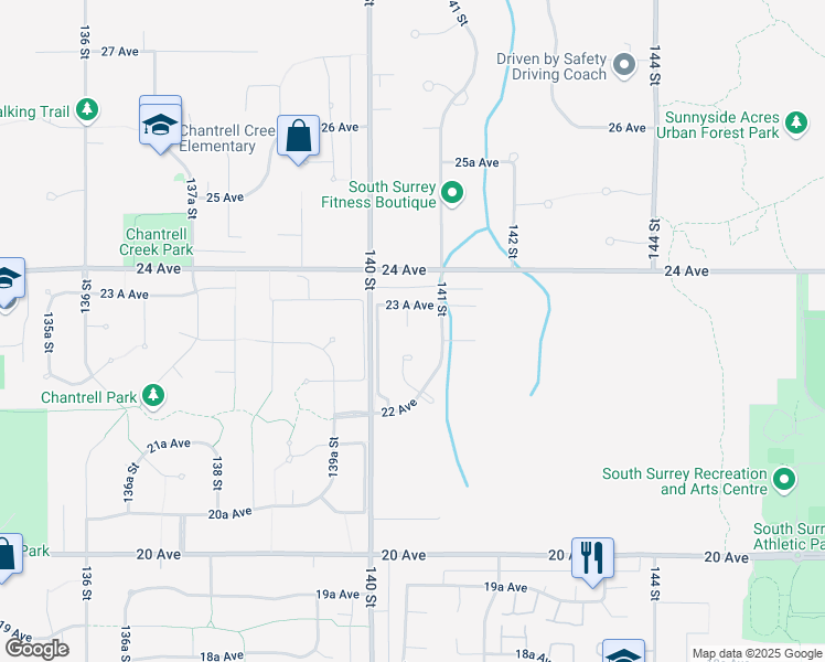 map of restaurants, bars, coffee shops, grocery stores, and more near 2316 140A Street in Surrey