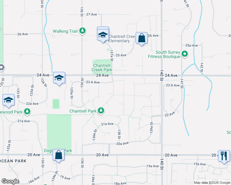 map of restaurants, bars, coffee shops, grocery stores, and more near 2318 Chantrell Park Drive in Surrey