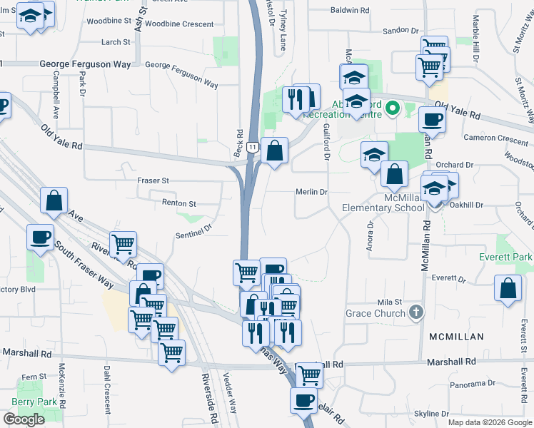 map of restaurants, bars, coffee shops, grocery stores, and more near 2334 Midas Street in Abbotsford