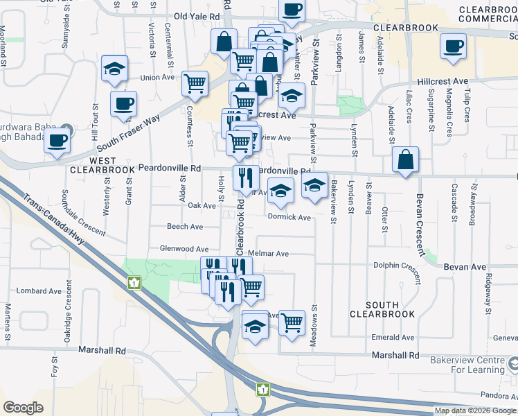 map of restaurants, bars, coffee shops, grocery stores, and more near 2319 Hemlock Street in Abbotsford