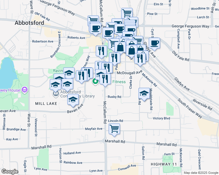 map of restaurants, bars, coffee shops, grocery stores, and more near 2316 McCallum Road in Abbotsford