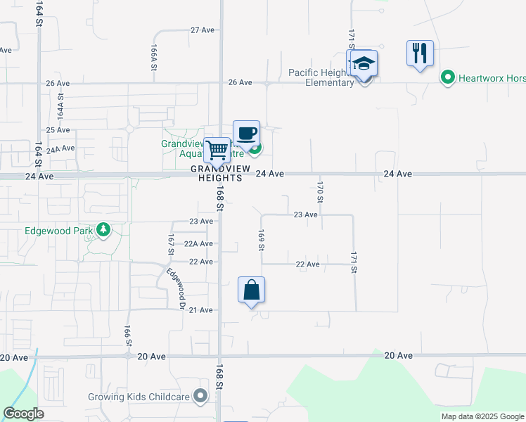 map of restaurants, bars, coffee shops, grocery stores, and more near 16910 23 Avenue in Surrey