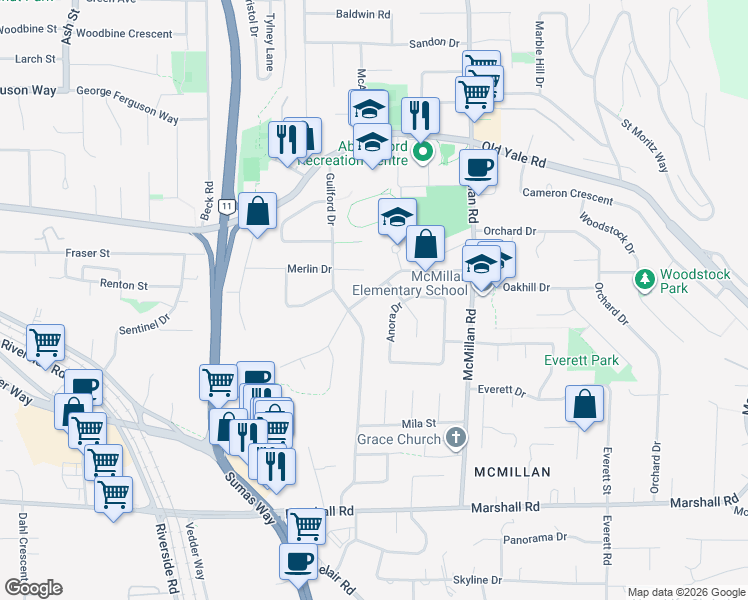 map of restaurants, bars, coffee shops, grocery stores, and more near 34648 Blatchford Way in Abbotsford