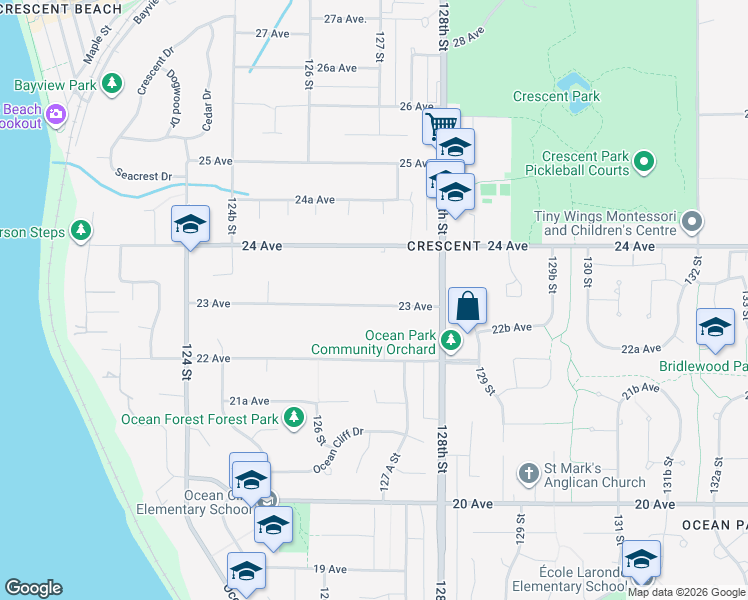 map of restaurants, bars, coffee shops, grocery stores, and more near 12687 23 Avenue in Surrey
