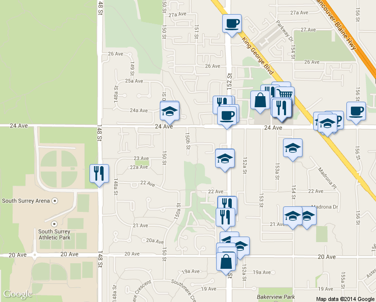 map of restaurants, bars, coffee shops, grocery stores, and more near 2333 150B St in Surrey