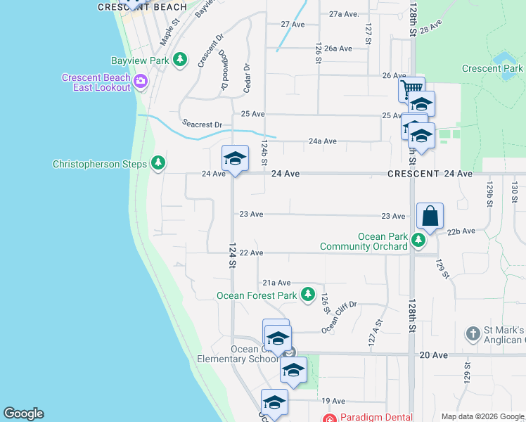 map of restaurants, bars, coffee shops, grocery stores, and more near 12469 23 A Avenue in Surrey