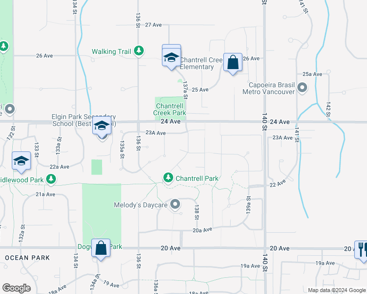 map of restaurants, bars, coffee shops, grocery stores, and more near 2313 Chantrell Park Drive in Surrey