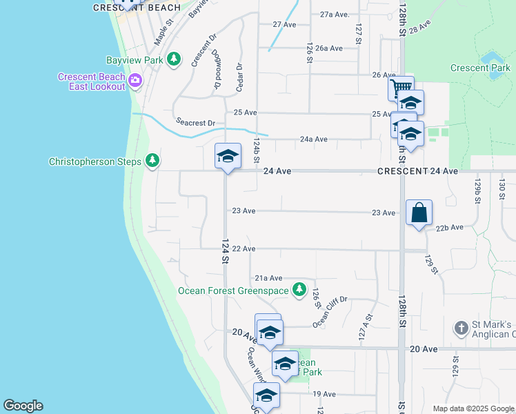 map of restaurants, bars, coffee shops, grocery stores, and more near 12489 23 Avenue in Surrey