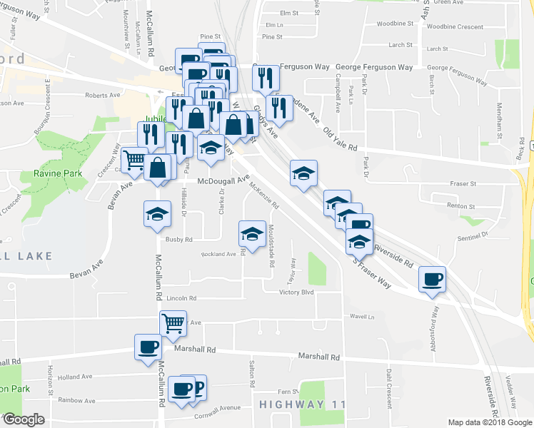 map of restaurants, bars, coffee shops, grocery stores, and more near 2306 Alexander Crescent in Abbotsford