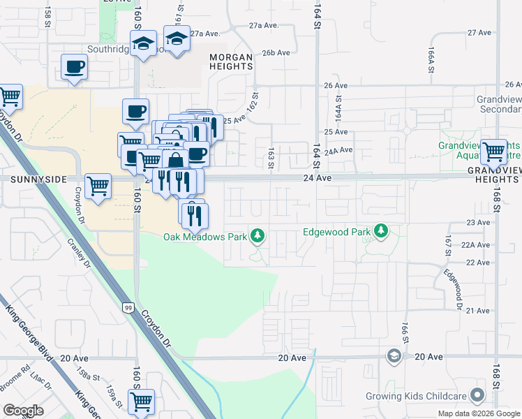 map of restaurants, bars, coffee shops, grocery stores, and more near 16260 23 A Avenue in Surrey