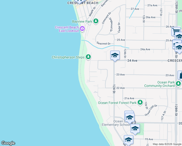 map of restaurants, bars, coffee shops, grocery stores, and more near 2310 Christopherson Road in Surrey