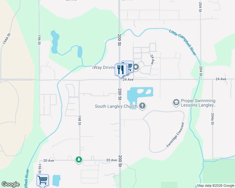 map of restaurants, bars, coffee shops, grocery stores, and more near 2305 200 Street in Langley Township
