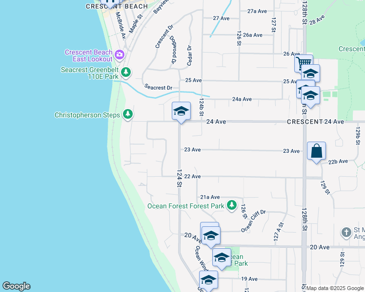 map of restaurants, bars, coffee shops, grocery stores, and more near 2314 124 Street in Surrey