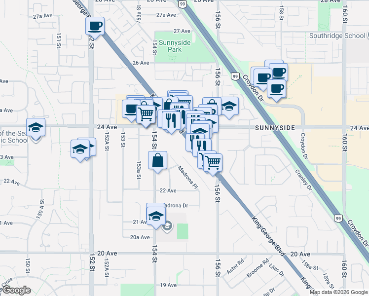 map of restaurants, bars, coffee shops, grocery stores, and more near 2337 King George Boulevard in Surrey