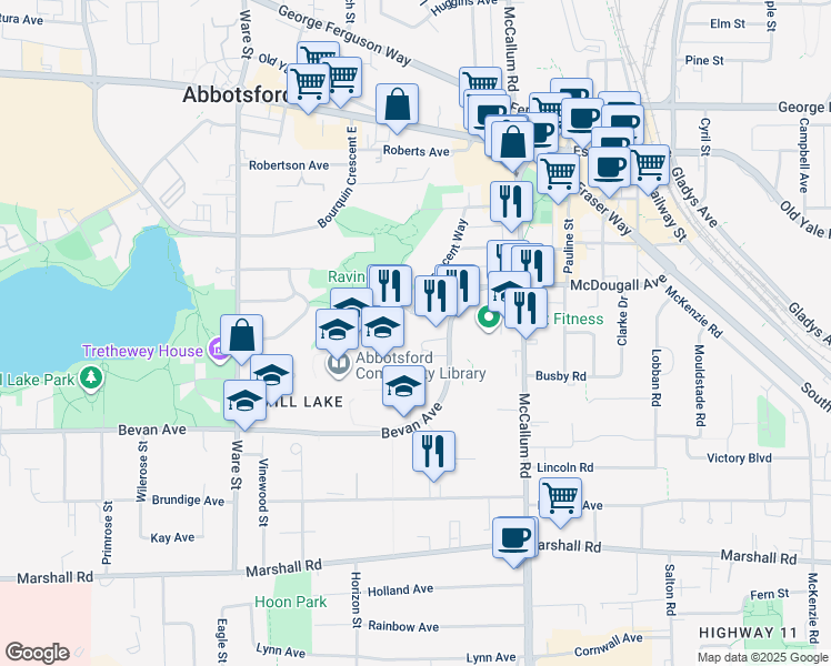 map of restaurants, bars, coffee shops, grocery stores, and more near 2360 Crescent Way in Abbotsford