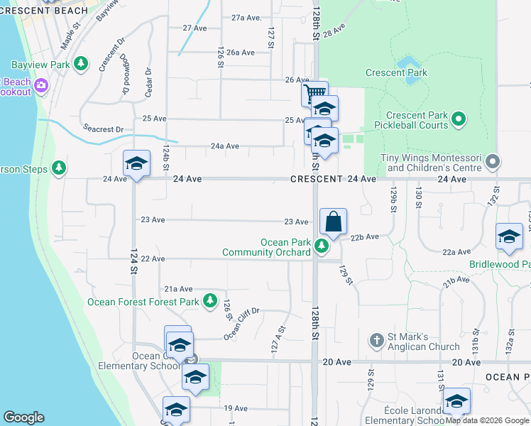 map of restaurants, bars, coffee shops, grocery stores, and more near 12687 23 Avenue in Surrey